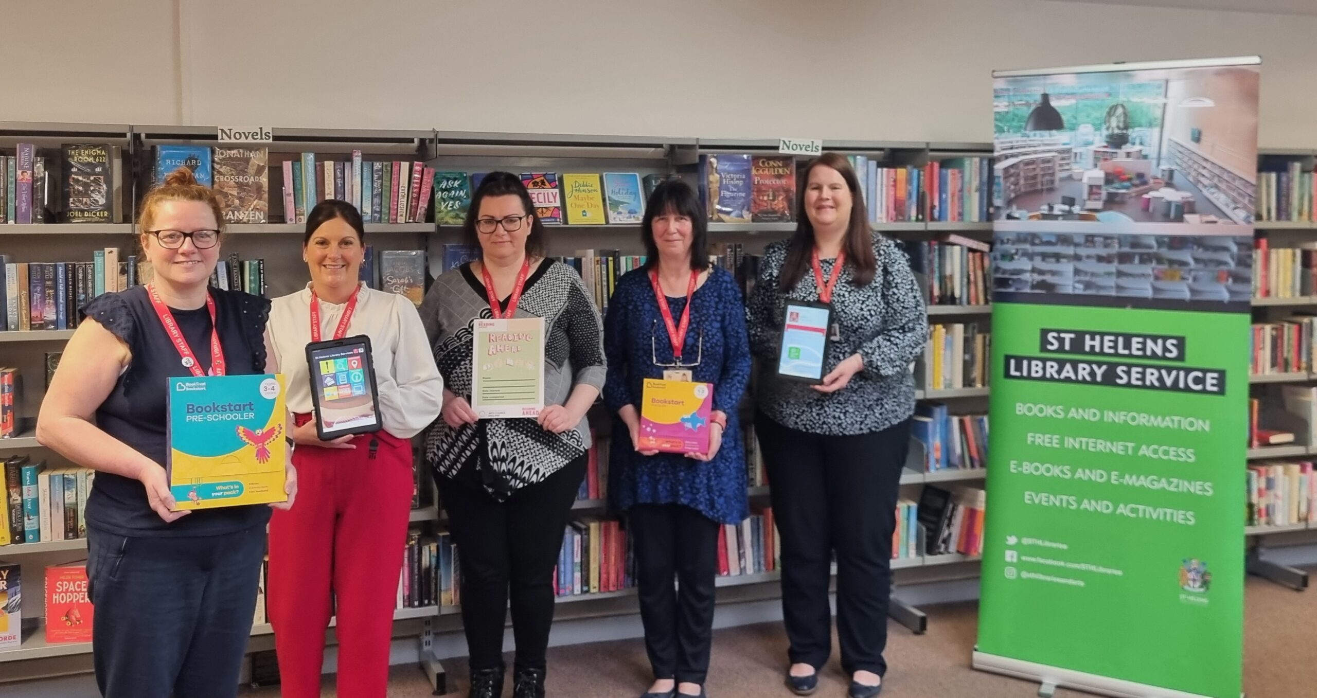 St Helens Library Service Outreach Team. 
Left to right
Mandi Brown (Senior Library & Outreach Officer), Joanne Duffy, Pauline Glover, Carole Leyland, Kate Stephenson (Library Outreach Officers)